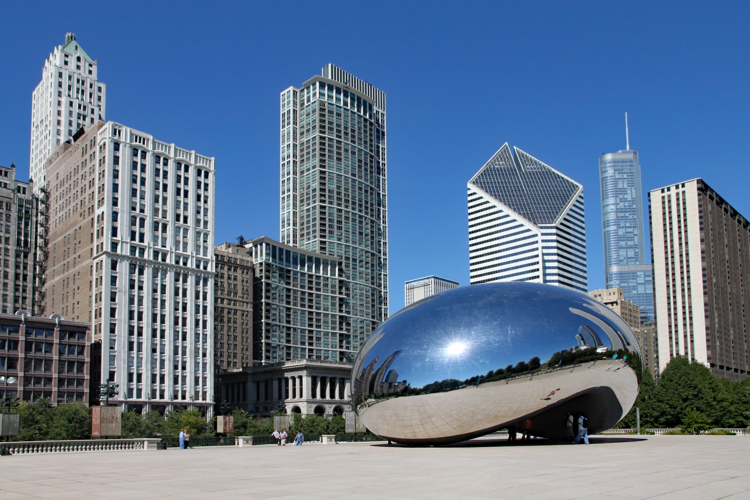 CHICAGO -  The Cloud Gate sculpture, popularly known as the bean, with Chicago's skyline